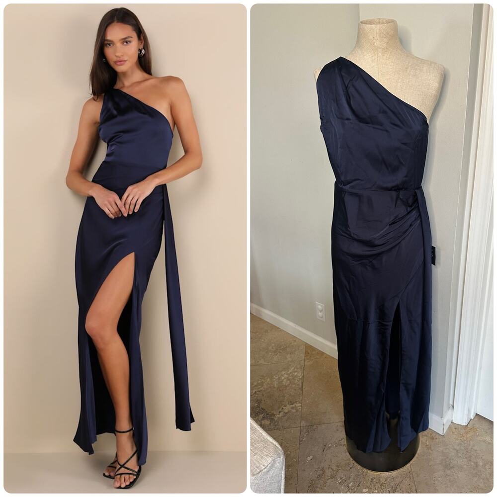 NWT Lulus Signature Elegance Navy Satin One-Shoulder Maxi Dress Sz M
